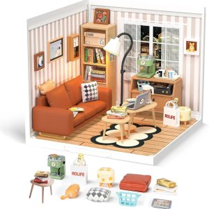 Rolife DIY Miniature Plastic House Building Set Toys Playset with LED Suitable for Mini Figures Construction Toys Diorama Kit Gifts for Adults (Cozy Living Lounge)