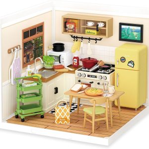 Rolife DIY Miniature Plastic House Building Set Toys Playset with LED Suitable for Mini Figures Construction Toys Diorama Kit Gifts for Adults (Happy Meals Kitchen)