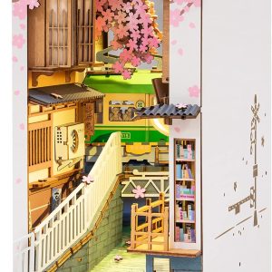 Rolife DIY Book Nook Kit 3D Wooden Puzzle for Adults 8.7 Bookshelf Indert Decor with LED Miniature Dollhouse Kit Bookend Crafts Diorama Hobbies Gifts for Women Men (Sakura Densya)