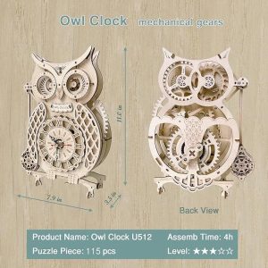 Orologio puzzle 3D a forma di gufo, in legno, decorazione fai da te, modello meccanico