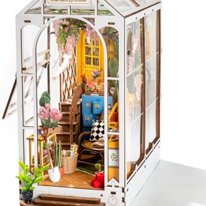 Rolife Book Nook Kit Wooden Bookcase 9.5" Garden House Miniature Kit with LED Decorative Bookends, 3D Puzzles for Adults Craft Hobby Gift for Girls Boys Adults
