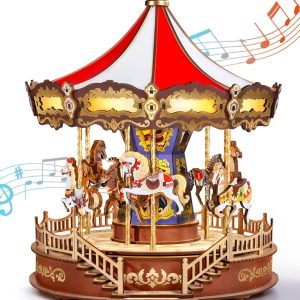 Rolife Wooden 3D Puzzles for Adults, DIY Carousel Music Box with Chaser Lights 11.6 Model Building Kit, Construction Project Craft Kits for Adults Hobby Home Decor Chiristmas Gifts for Boys Girls