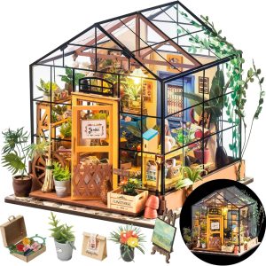 Rolife DIY Miniatures Dollhouse Kit, Miniature Greenhouse DIY Craft Kits for Adult to Build Tiny House Model with Lights and Removable Model Plants, Birthday Gift for Friends (Casey's Greenhouse)