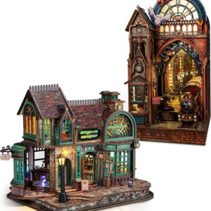 *火车站 15*13*H24CM Puzzle 3D LED Magic Station Book Nook Kit – Miniatura magica in legno con spazio di estensione infinito, inserto DIY per libreria e idea decorativa regalo (Stazione Magica)