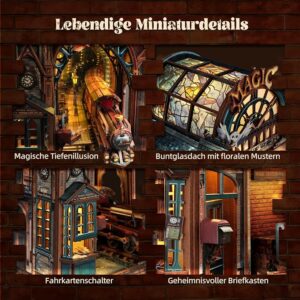*火车站 15*13*H24CM Puzzle 3D LED Magic Station Book Nook Kit – Miniatura magica in legno con spazio di estensione infinito, inserto DIY per libreria e idea decorativa regalo (Stazione Magica)